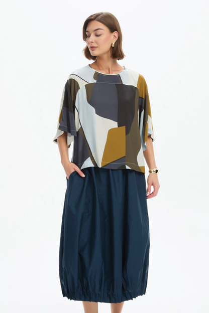 Wide Sleeve Print Top - Abstract Navy