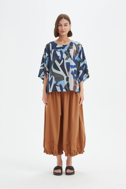 Wide Sleeve Print Top - Blue Abstract