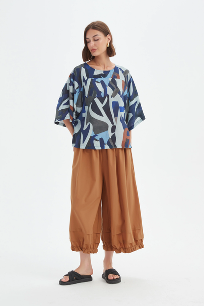 Wide Sleeve Print Top - Blue Abstract
