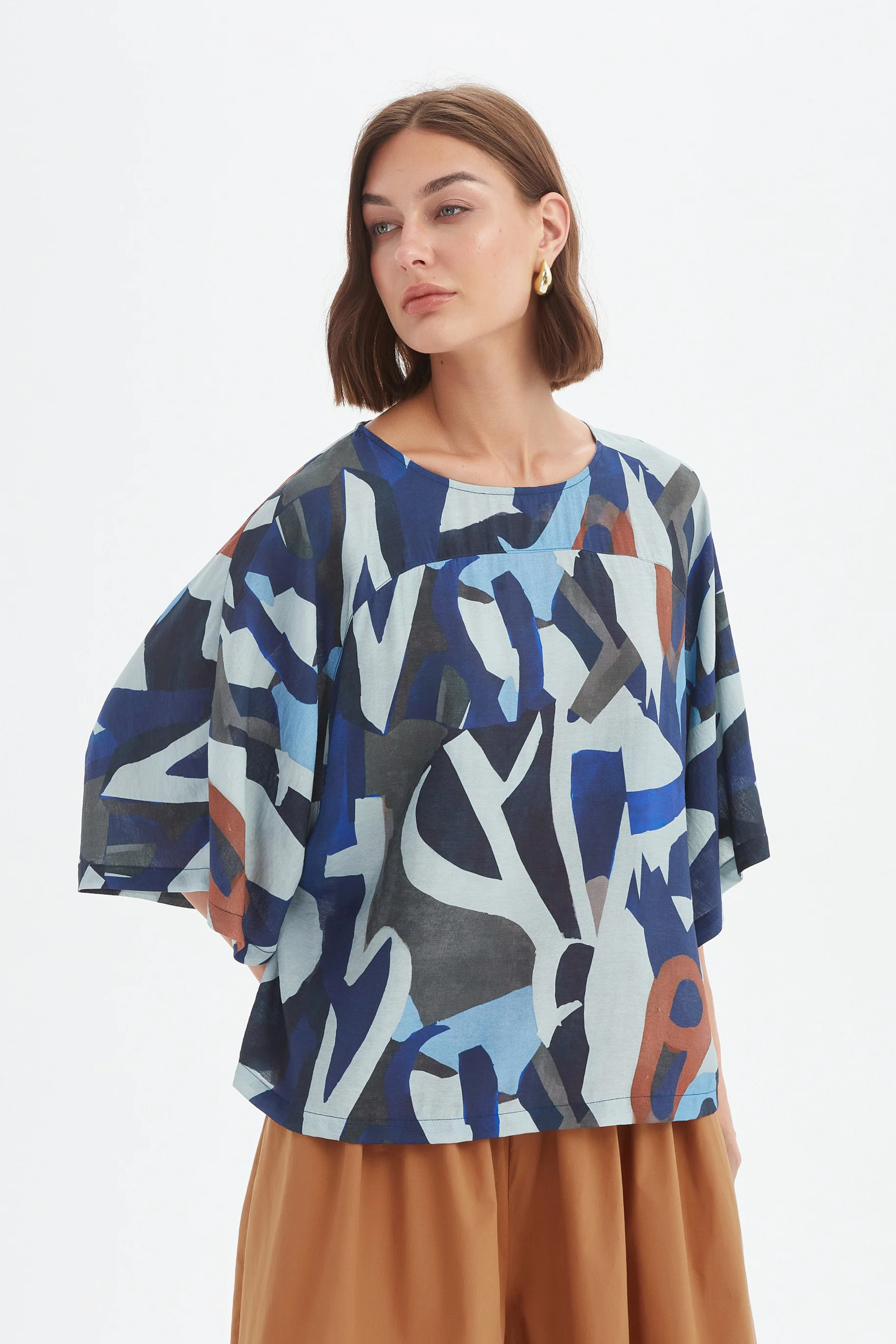 Wide Sleeve Print Top - Blue Abstract