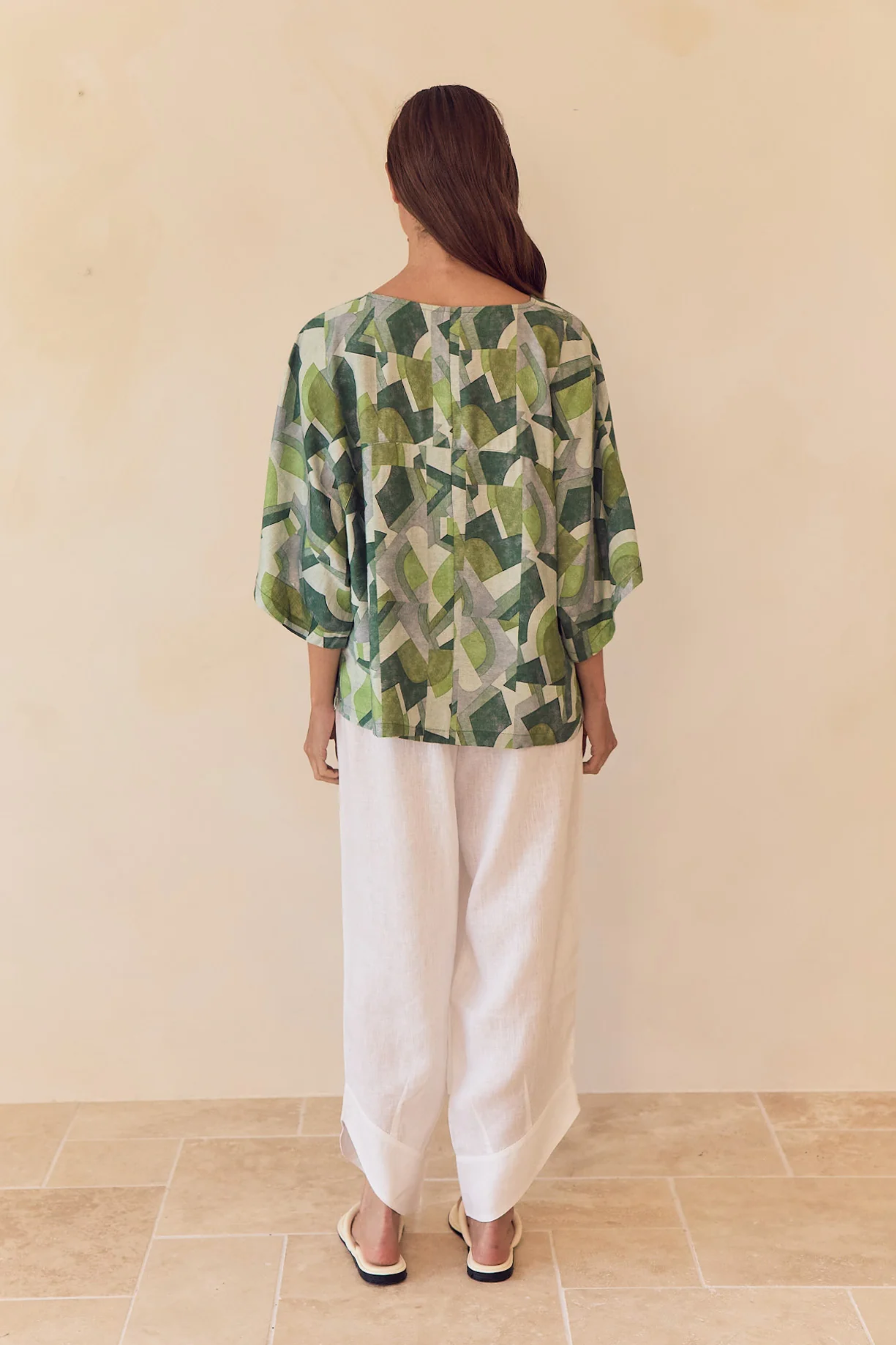 Wide Sleeve Print Top - Green Geometric