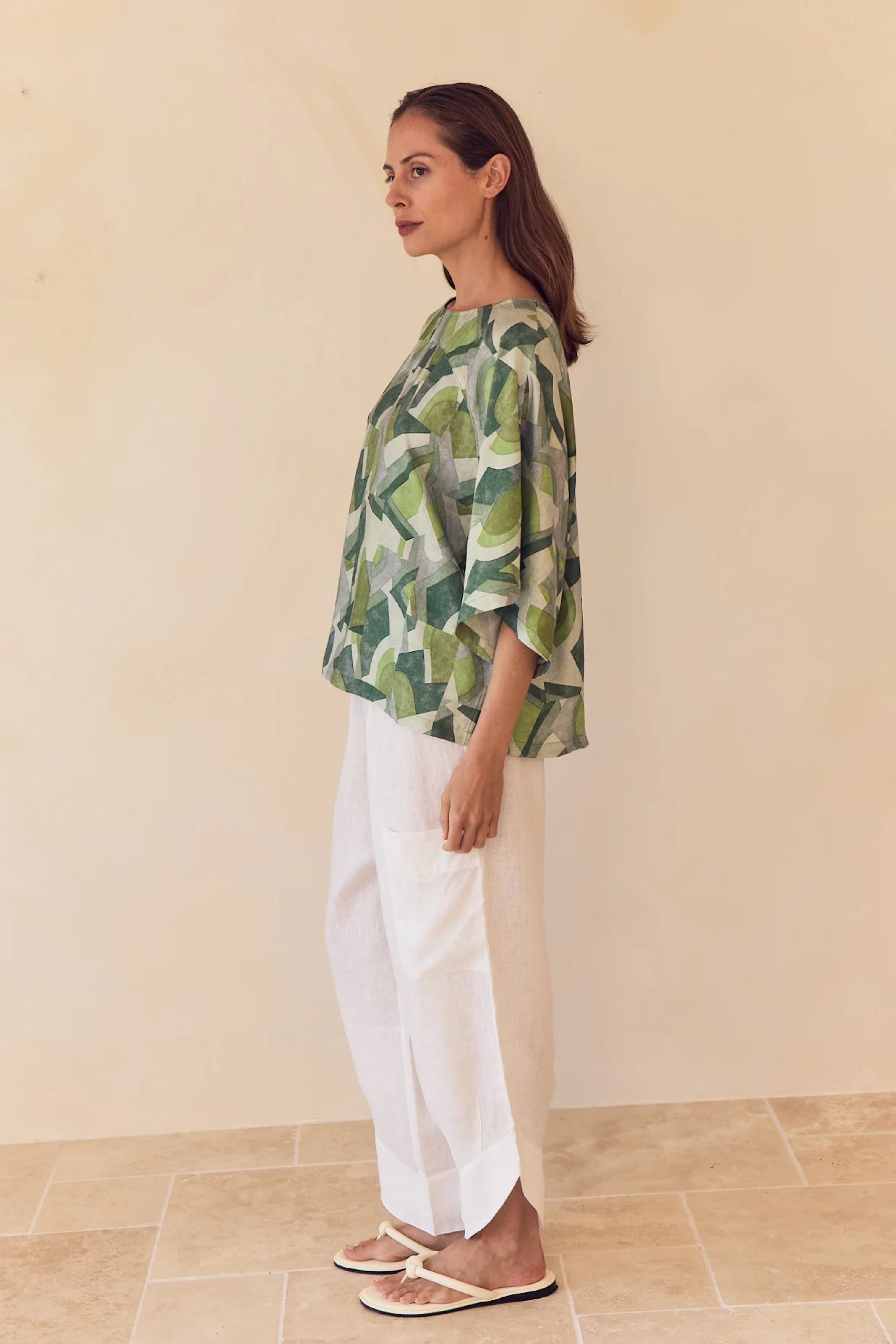 Wide Sleeve Print Top - Green Geometric