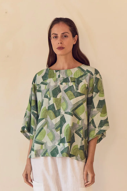 Wide Sleeve Print Top - Green Geometric