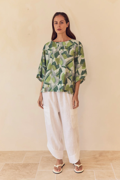 Wide Sleeve Print Top - Green Geometric