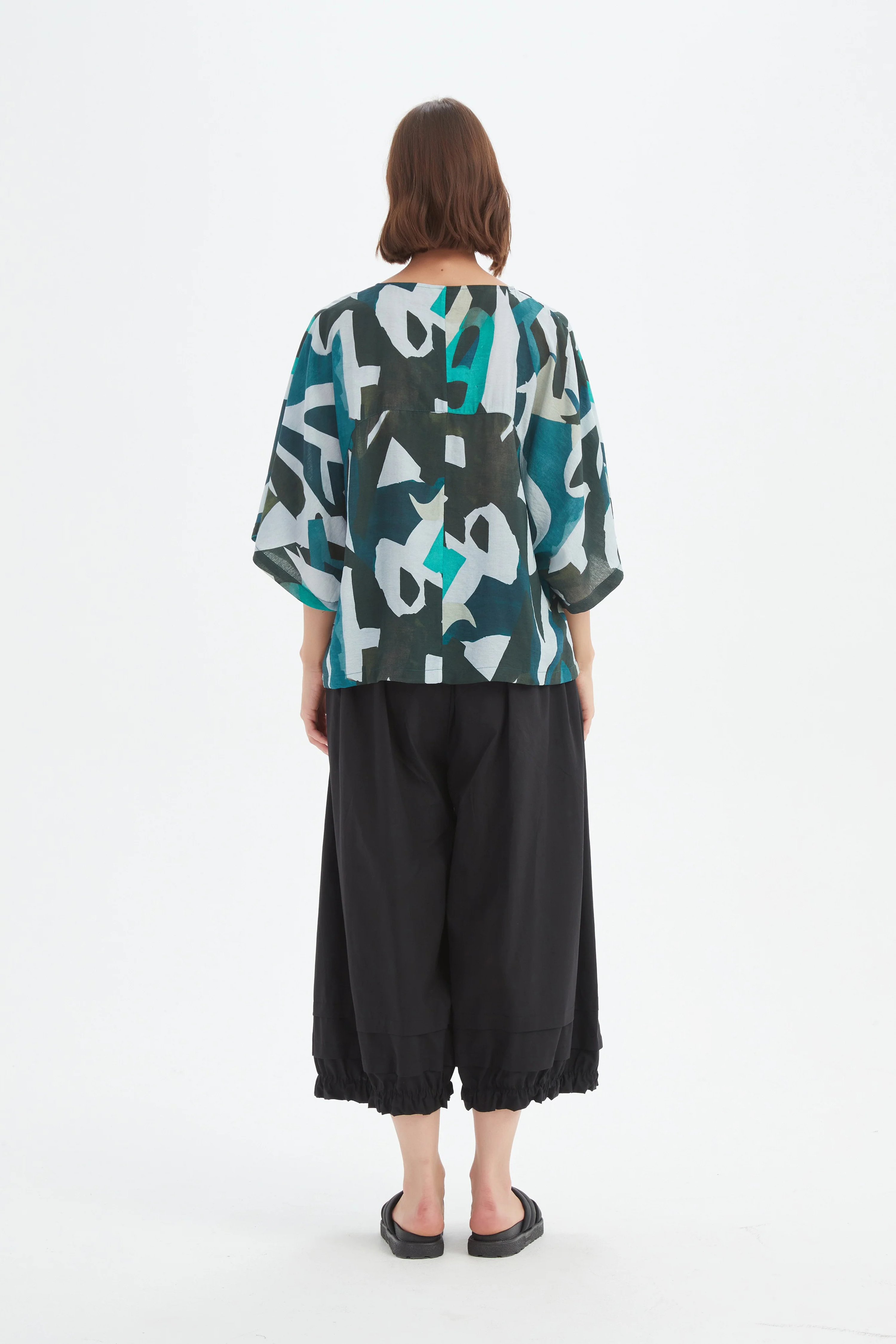 Wide Sleeve Print Top - Petrol Abstract