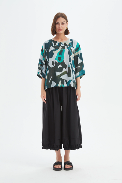 Wide Sleeve Print Top - Petrol Abstract