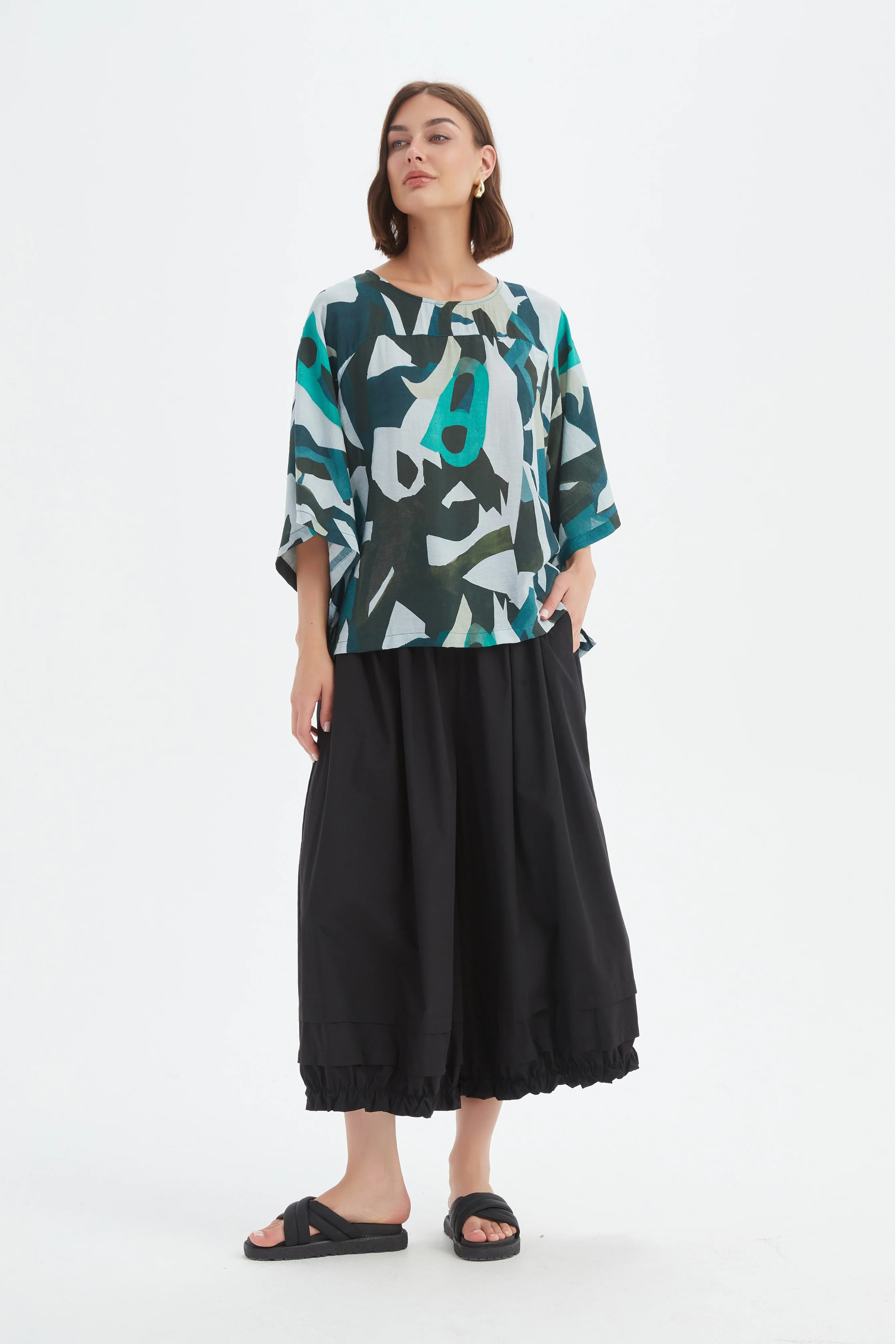 Wide Sleeve Print Top - Petrol Abstract
