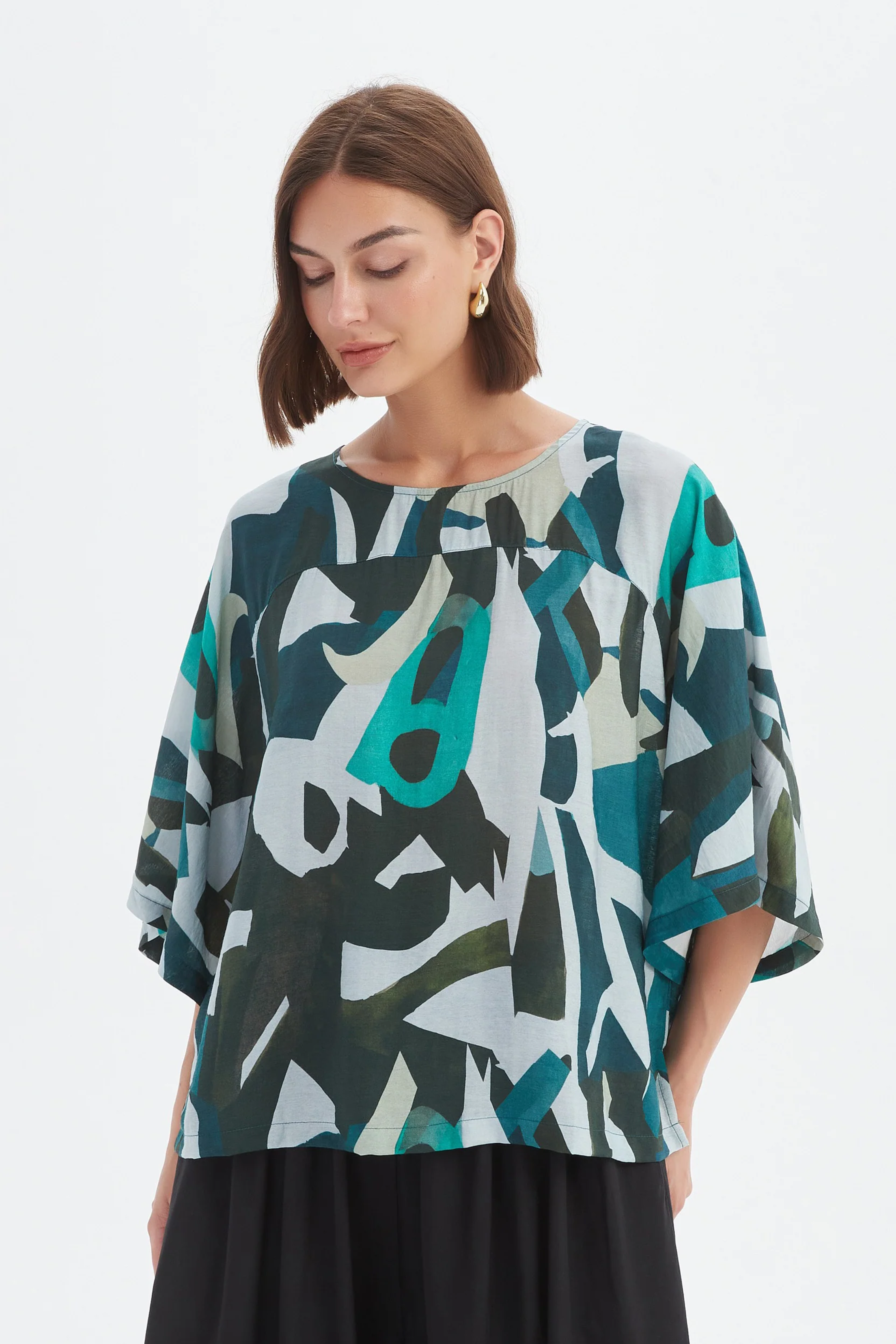 Wide Sleeve Print Top - Petrol Abstract