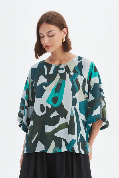 Wide Sleeve Print Top - Petrol Abstract