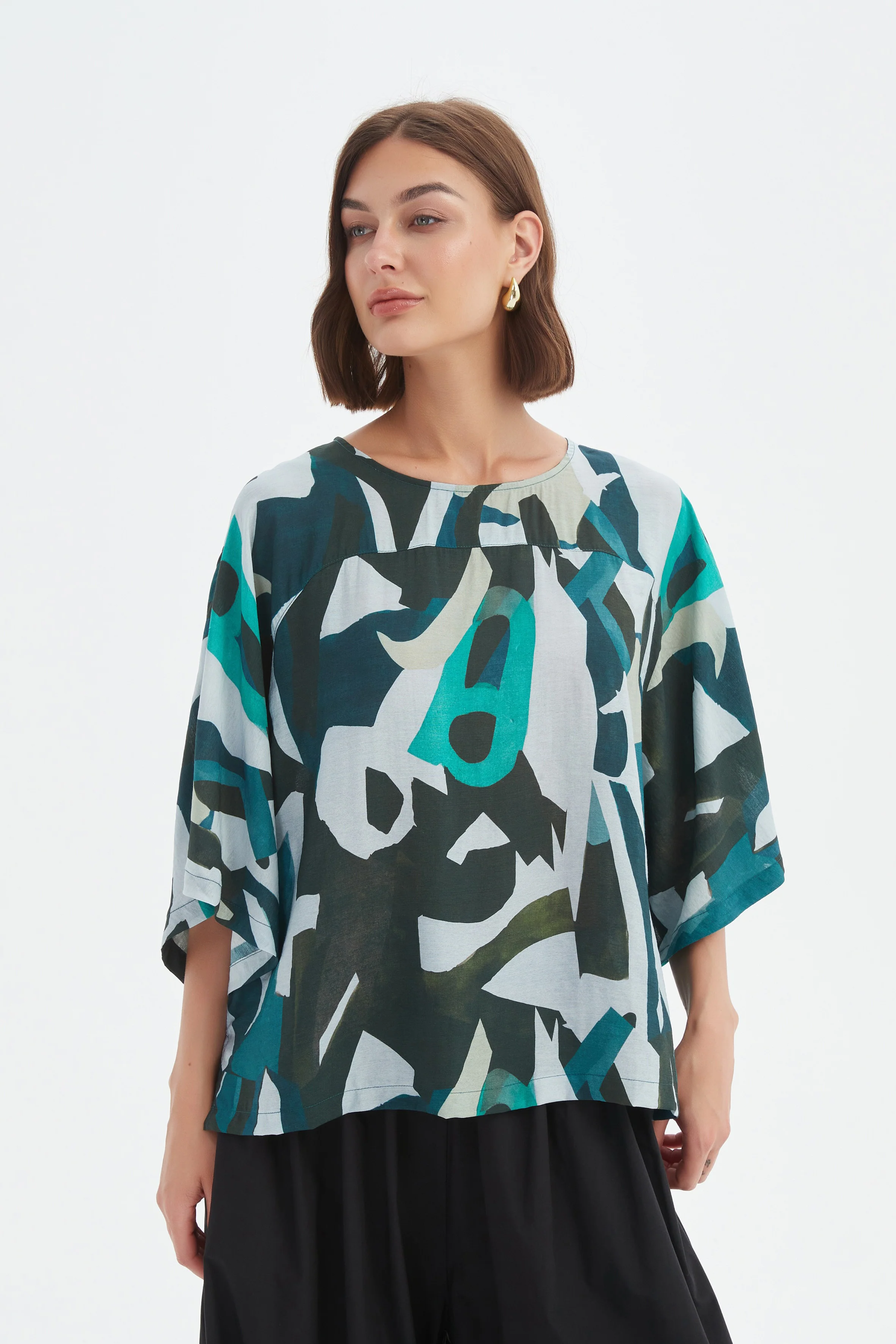 Wide Sleeve Print Top - Petrol Abstract