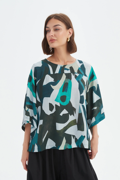 Wide Sleeve Print Top - Petrol Abstract