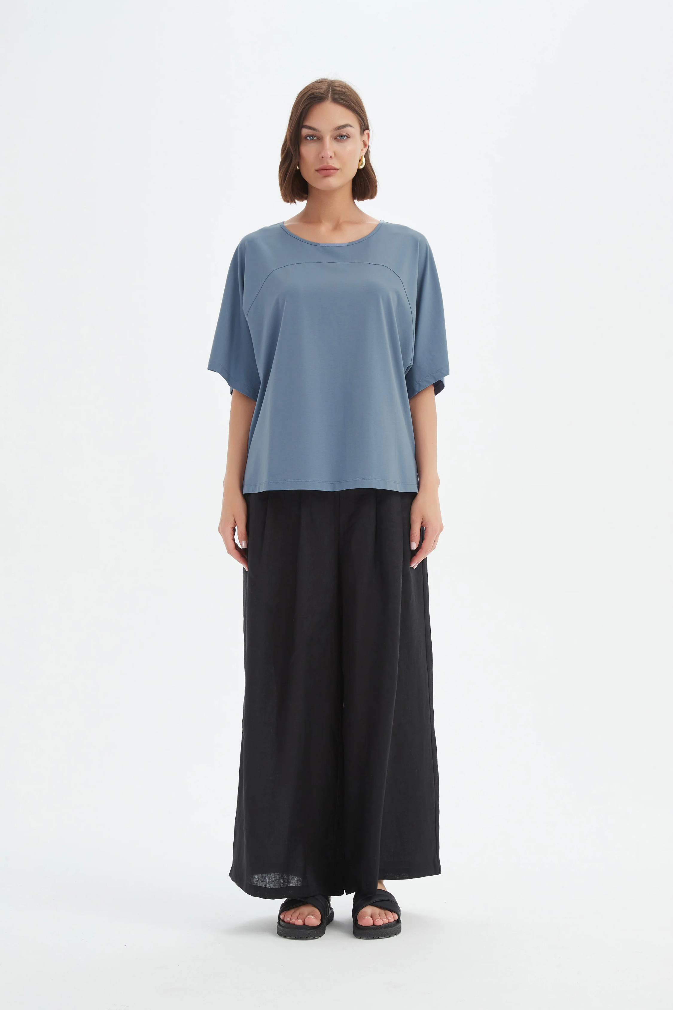 Wide Sleeve Yoke Tee - Steel Blue