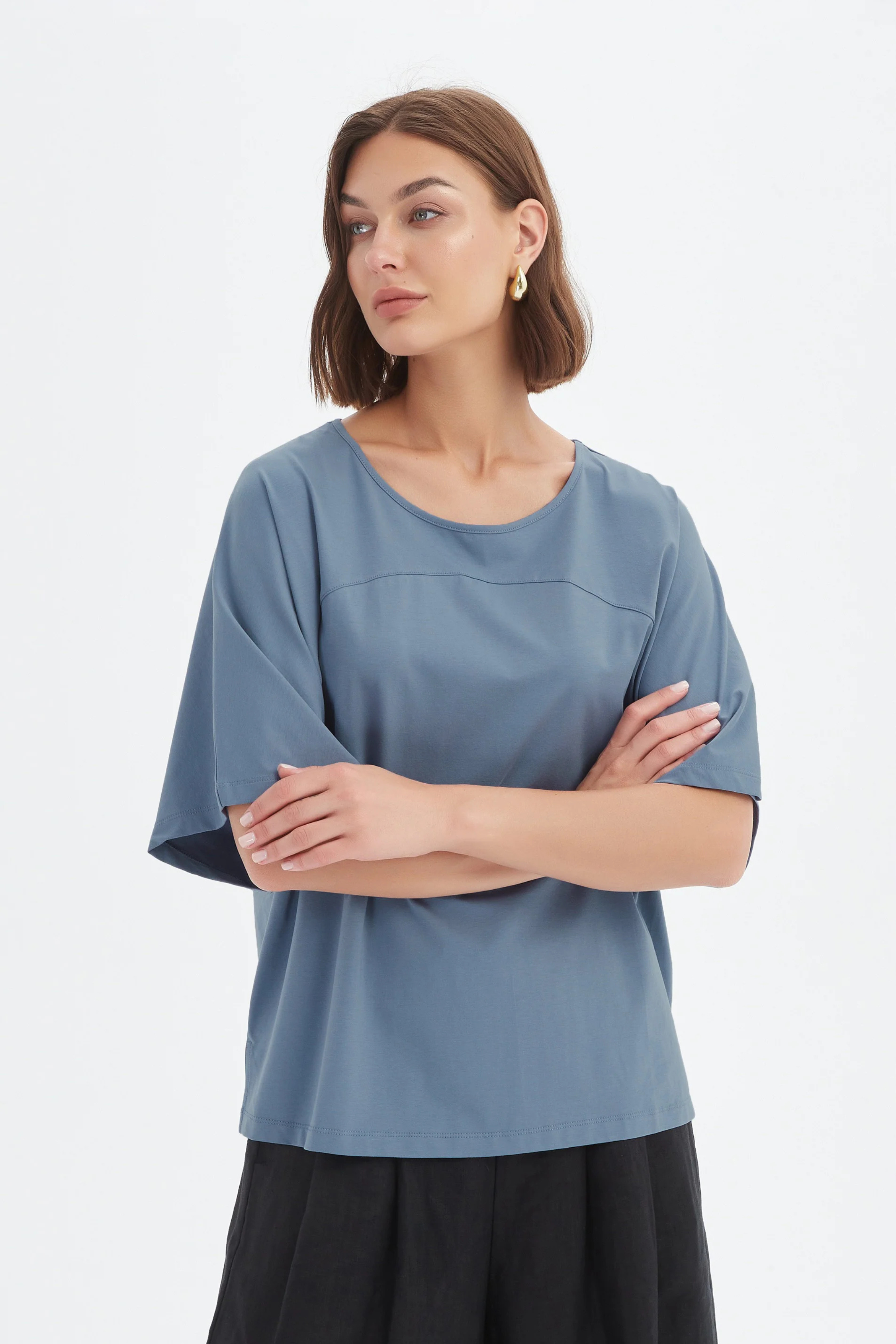Wide Sleeve Yoke Tee - Steel Blue