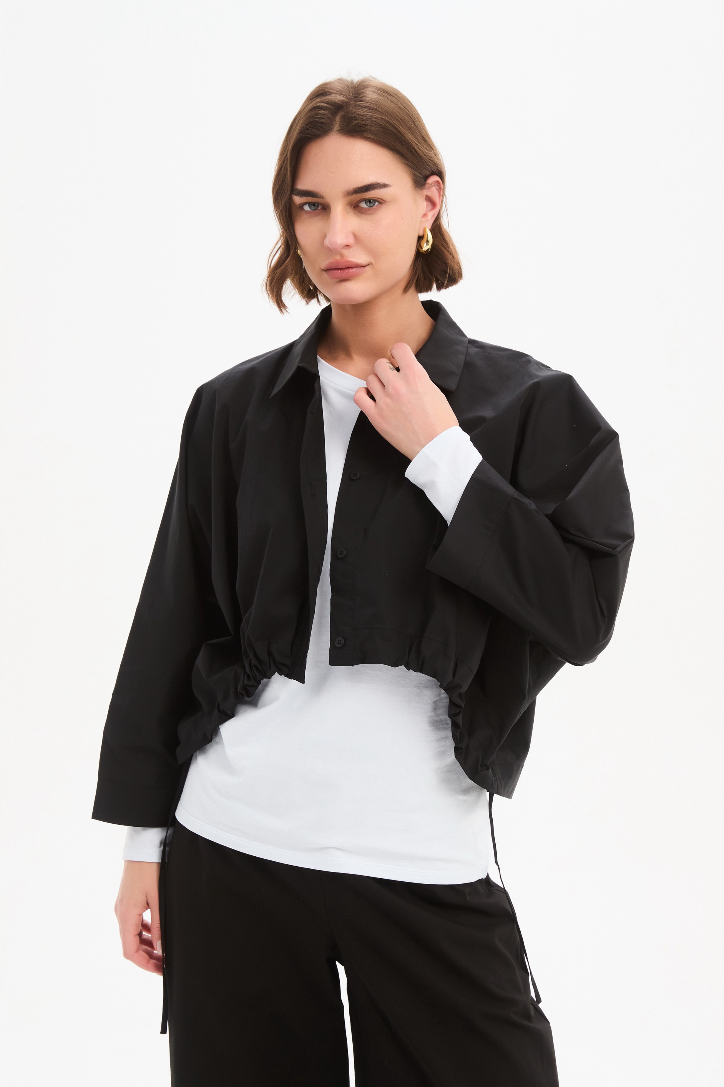 Wide Crop Poplin Overshirt - Black