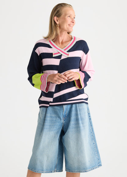 Crazy Stripe Vee - Dark Denim