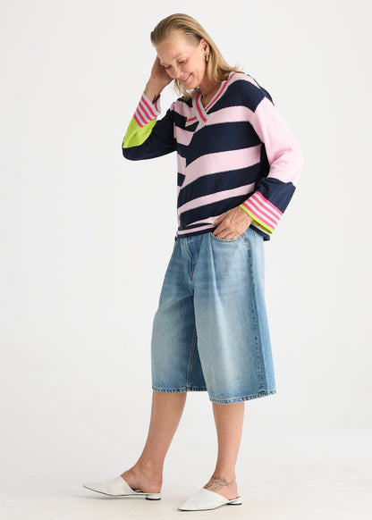Crazy Stripe Vee - Dark Denim