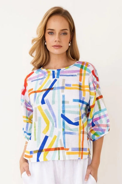 Linen Balloon Slv Top - Confetti Stripe