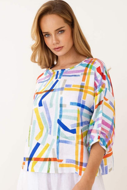Linen Balloon Slv Top - Confetti Stripe