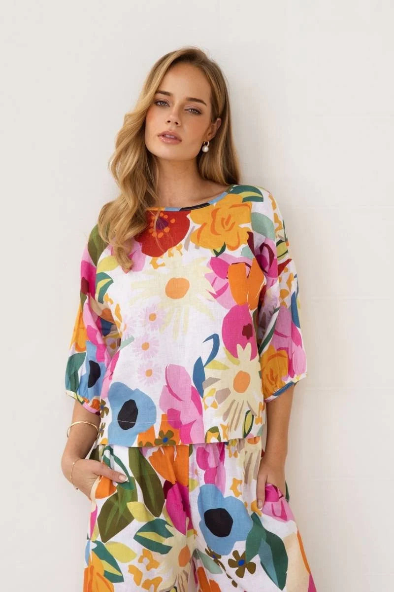 Linen Balloon Slv Top - Bloom Burst