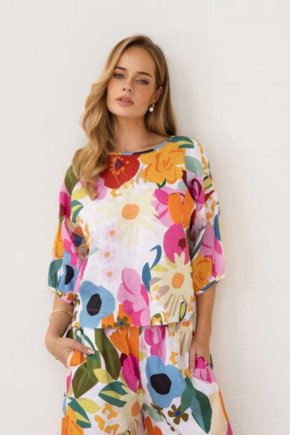 Linen Balloon Slv Top - Bloom Burst