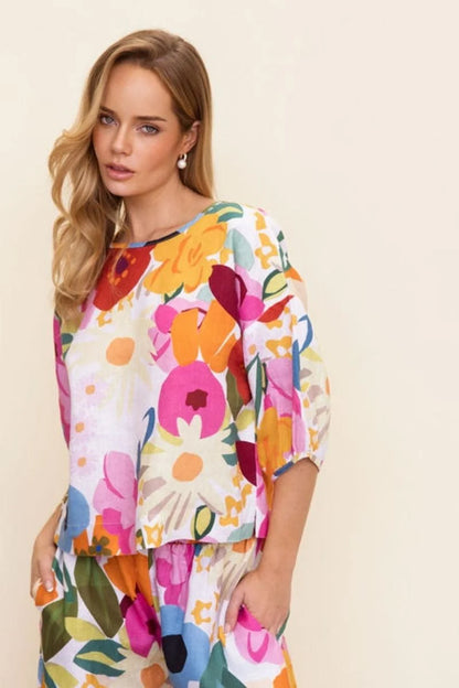 Linen Balloon Slv Top - Bloom Burst