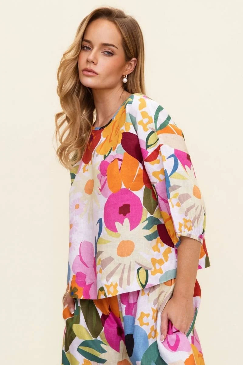 Linen Balloon Slv Top - Bloom Burst