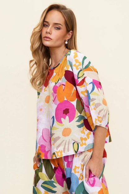 Linen Balloon Slv Top - Bloom Burst