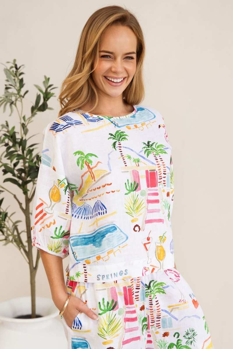 Linen Balloon Slv Top - Palm Springs