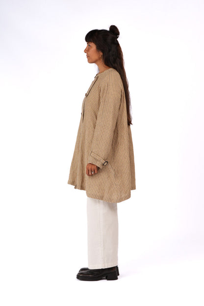 French Linen Collarless Peacoat - Brown Check