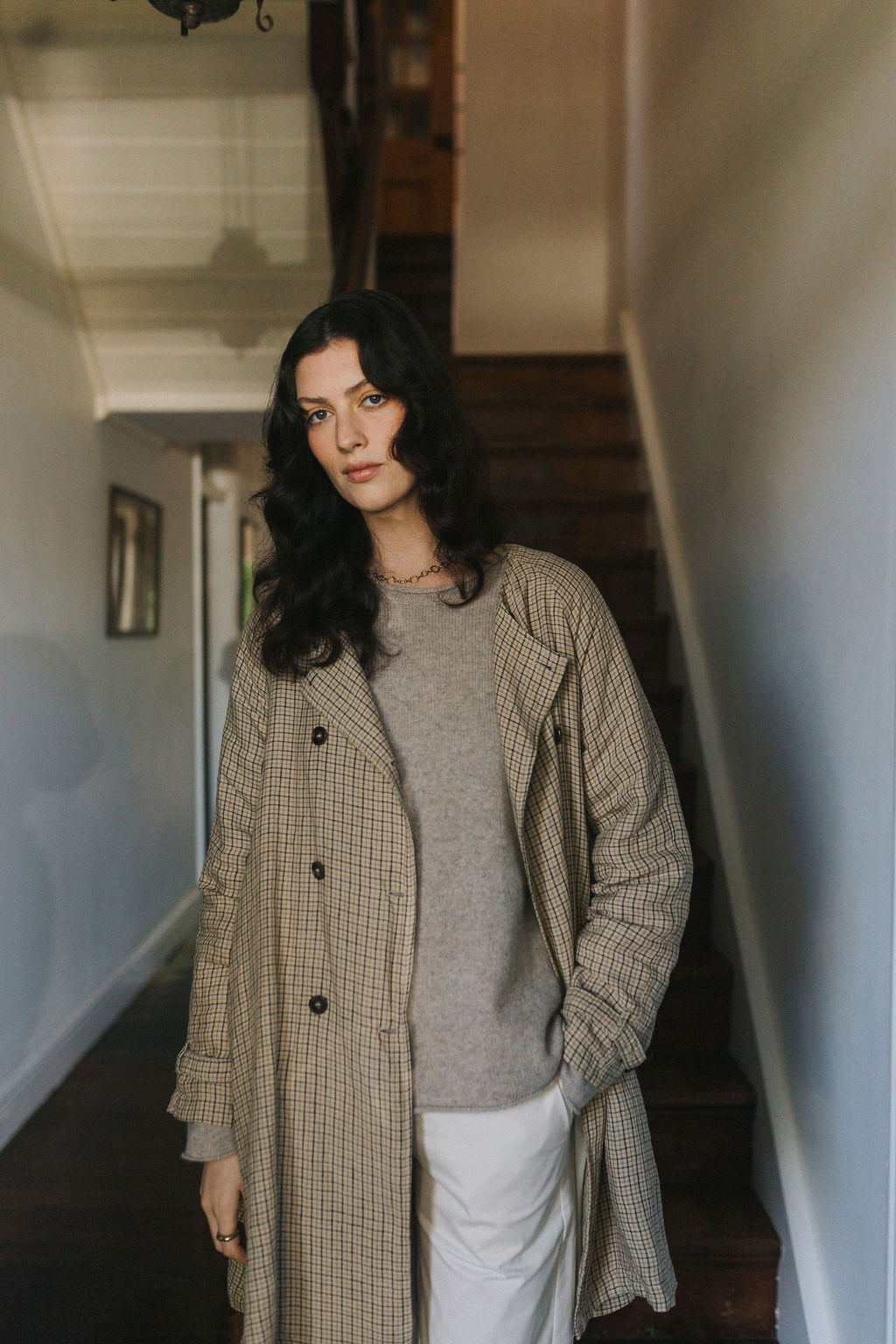 French Linen Collarless Peacoat - Brown Check