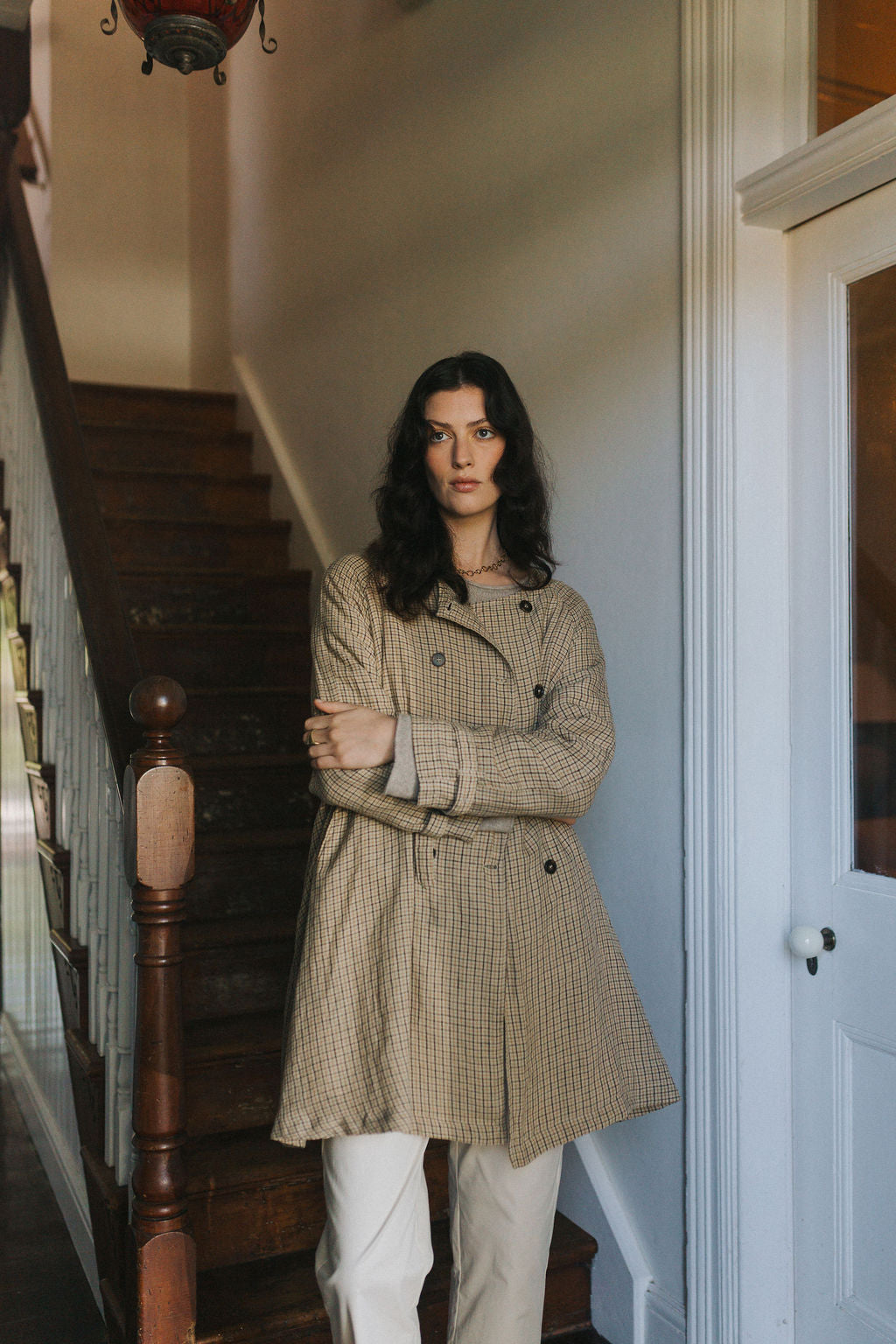 French Linen Collarless Peacoat - Brown Check