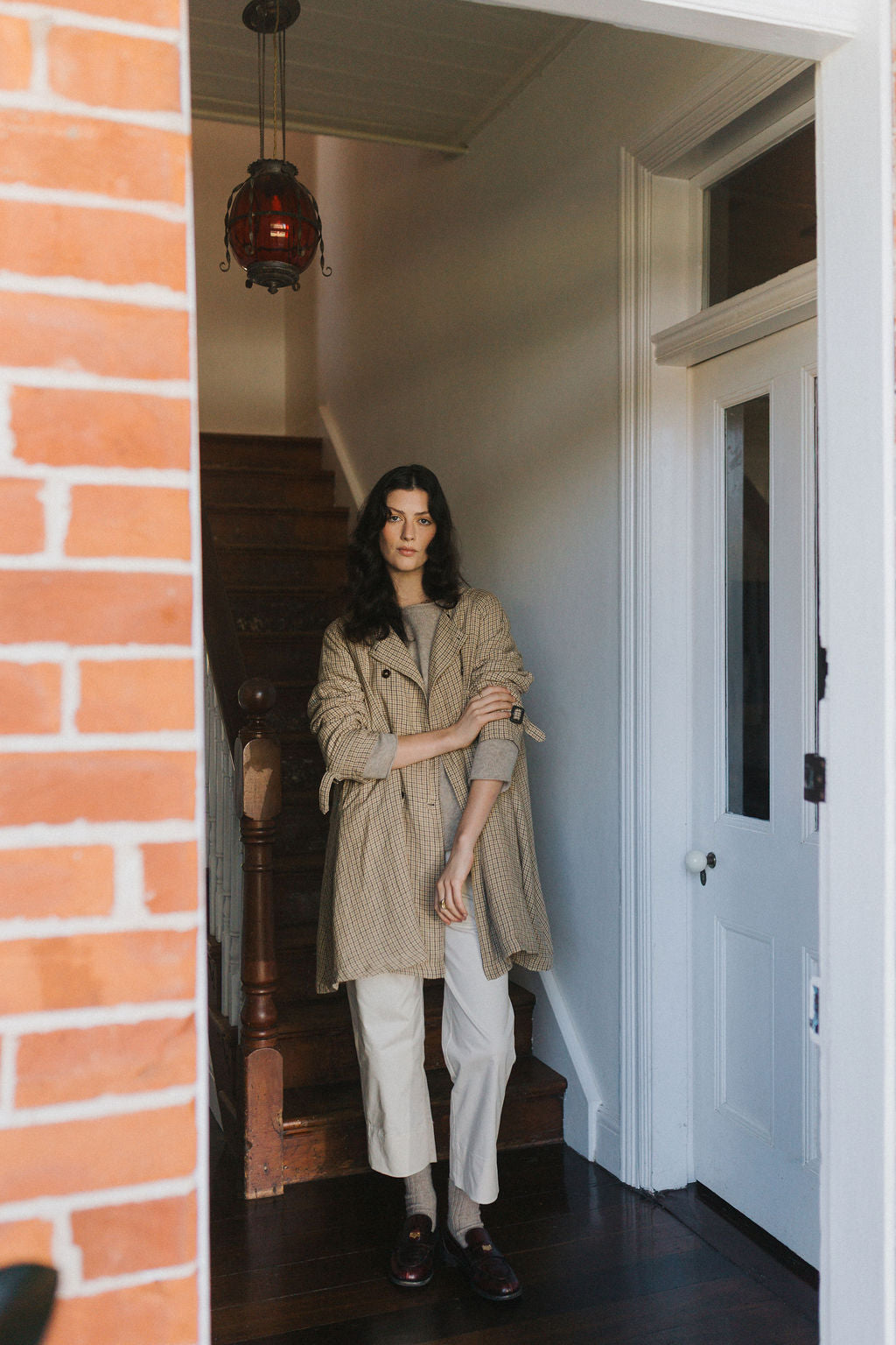 French Linen Collarless Peacoat - Brown Check