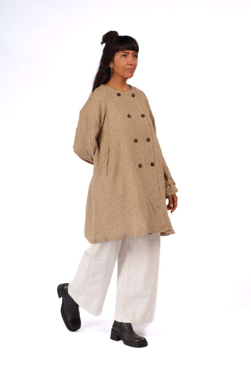French Linen Collarless Peacoat - Brown Check