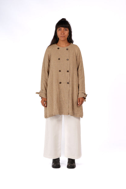 French Linen Collarless Peacoat - Brown Check