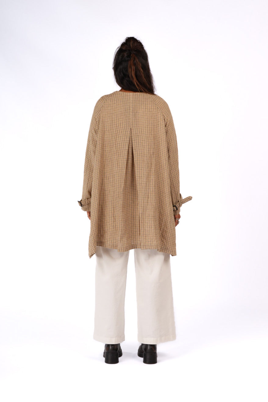 French Linen Collarless Peacoat - Brown Check