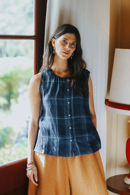 Cara Linen Blue Check Top