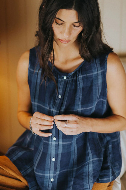 Cara Linen Blue Check Top