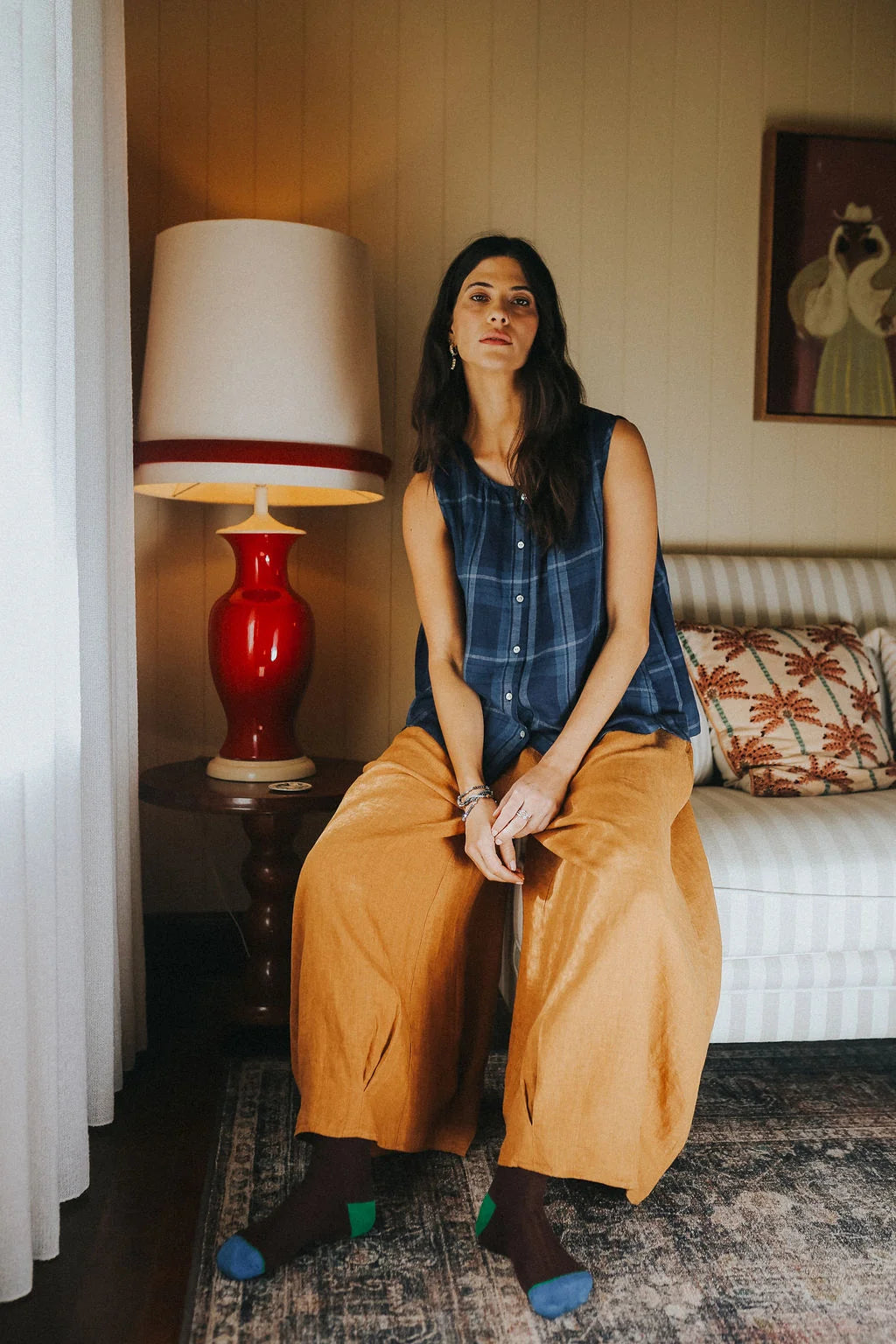 Cara Linen Blue Check Top