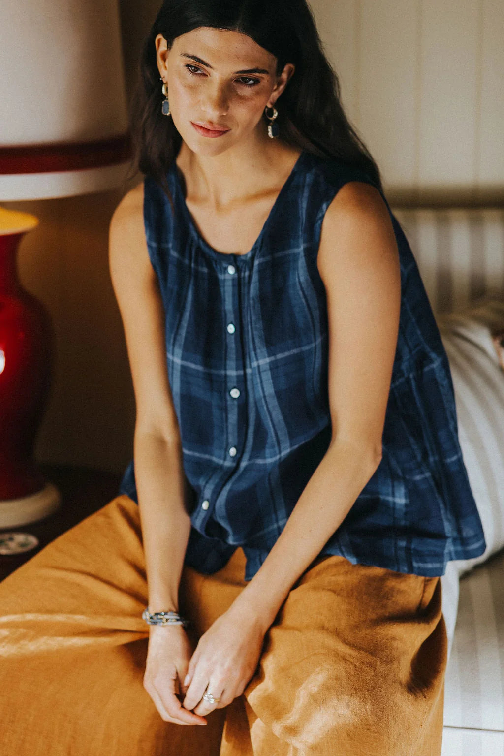 Cara Linen Blue Check Top