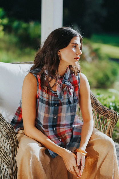 Cara Linen Check Top - Multicolour