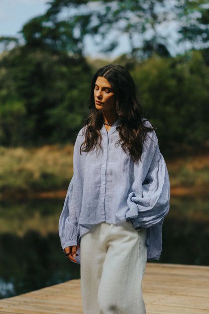 Mila Fine Stripe Linen top - Blue