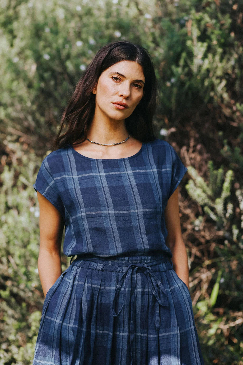 Mirella Check Linen top - Blue