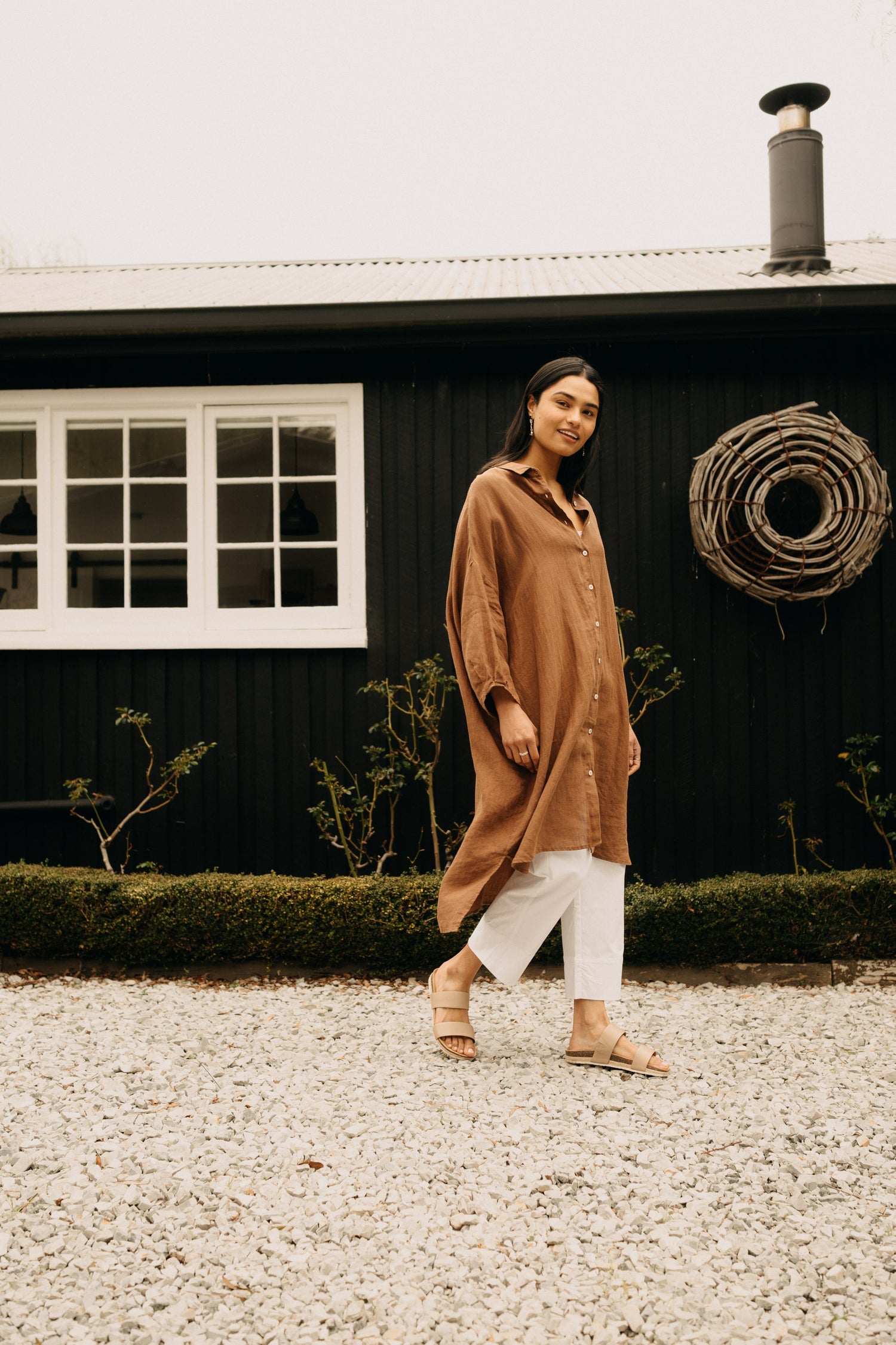 Romie Oversized Linen Shirt Dress - Tobacco
