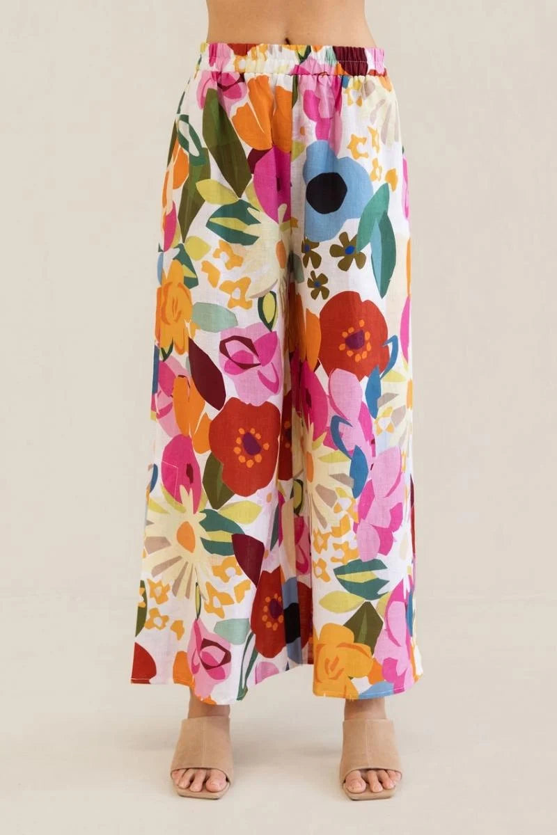 Linen Elastic Waist Pant - Bloom Burst