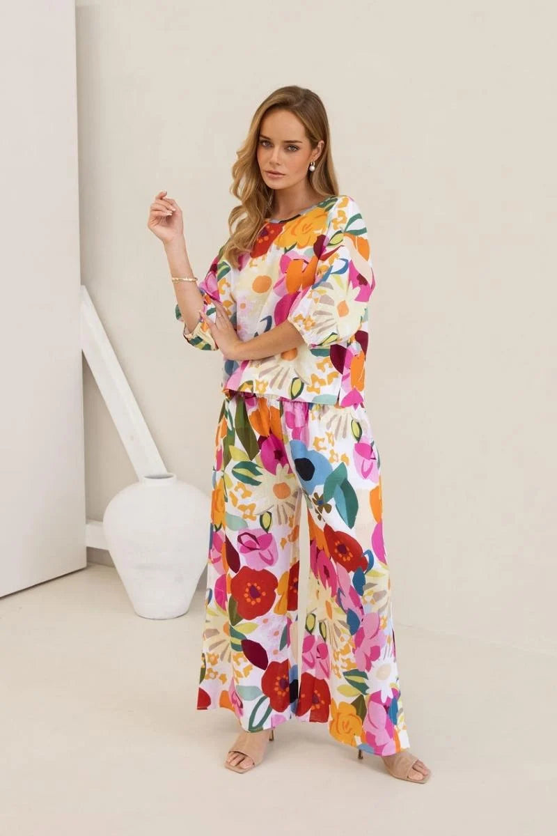 Linen Elastic Waist Pant - Bloom Burst
