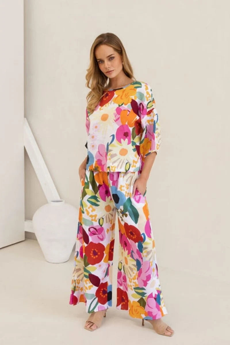 Linen Elastic Waist Pant - Bloom Burst