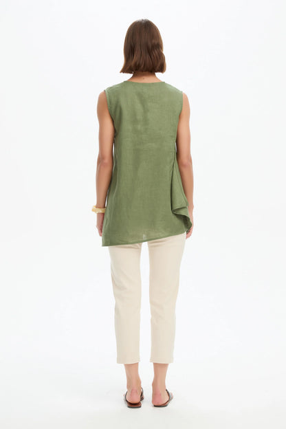 Asymmetric Sleeveless Tunic - Olive Green