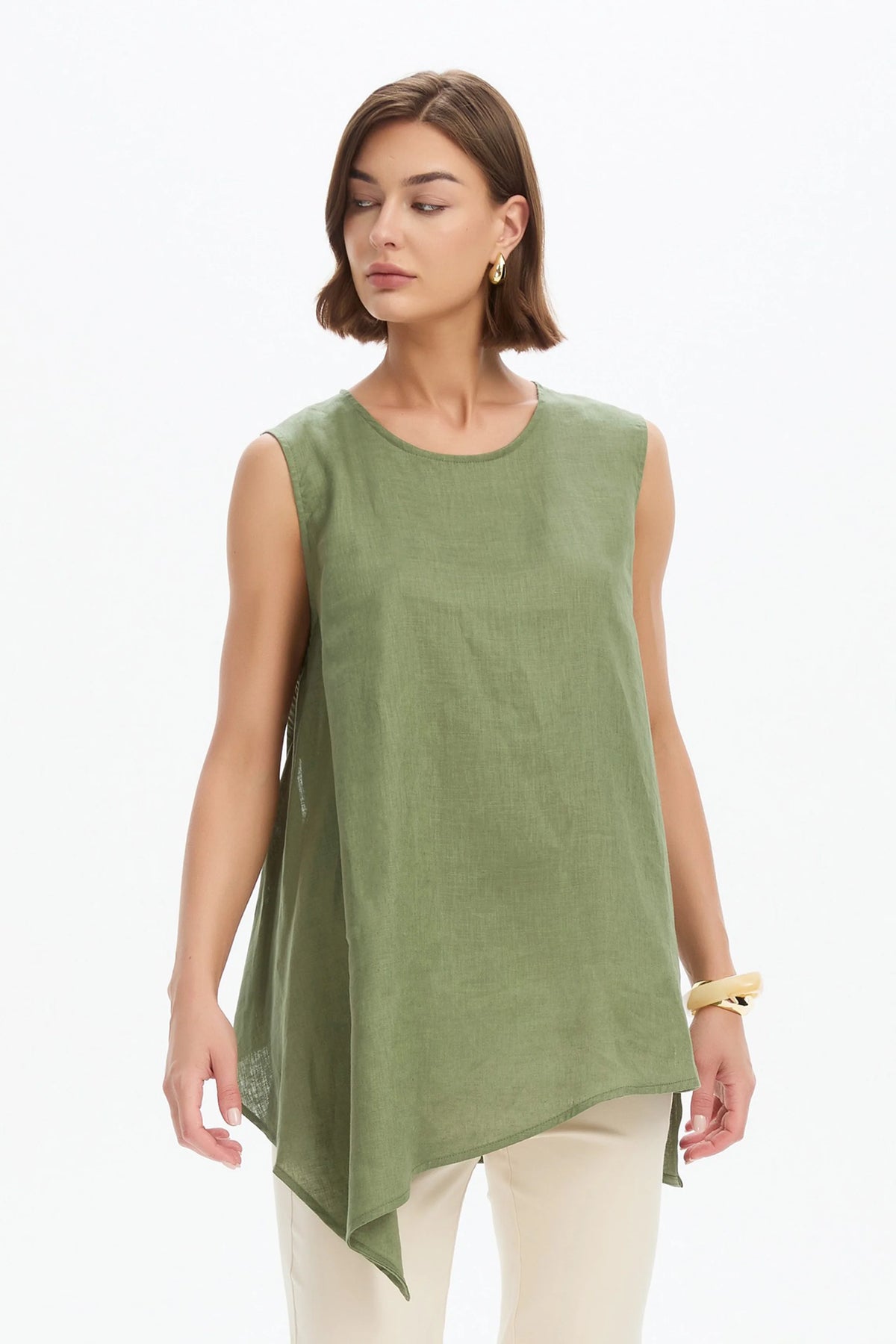 Asymmetric Sleeveless Tunic - Olive Green