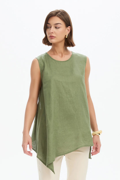 Asymmetric Sleeveless Tunic - Olive Green