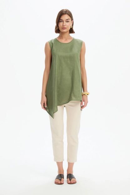 Asymmetric Sleeveless Tunic - Olive Green